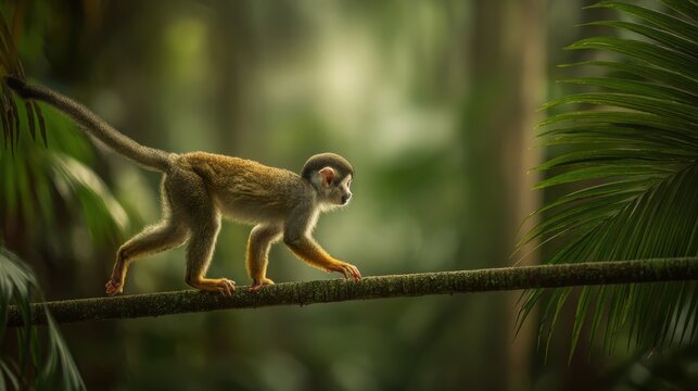 Agile squirrel monkey scampering across a tree branch in a lush forest environment