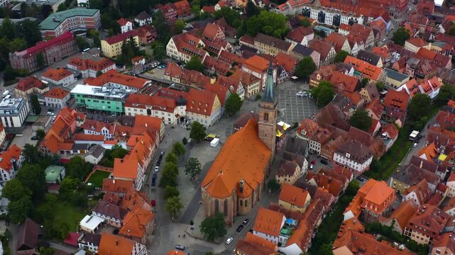 Aerial view of the old town of the city Schwabach in Germany, Bavaria on a late spring afternoon