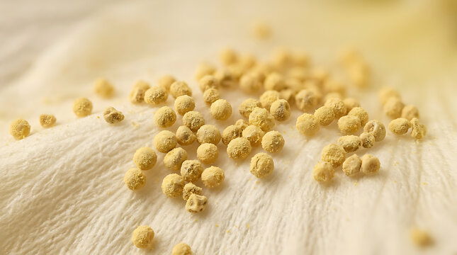 A close up view of tiny yellow pollen grains scattered across the surface of a delicate flower petal