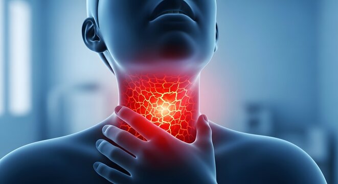 Anatomical visualization of sore throat and thyroid inflammation. Respiratory infection and pharyngitis concept. Person holding neck with glowing red cracked texture on the throat