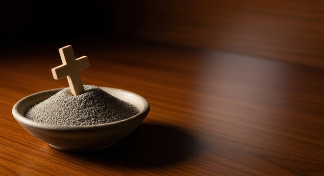 Ash Wednesday cross in bowl of ashes, symbolizing repentance and spiritual reflection during Lent.