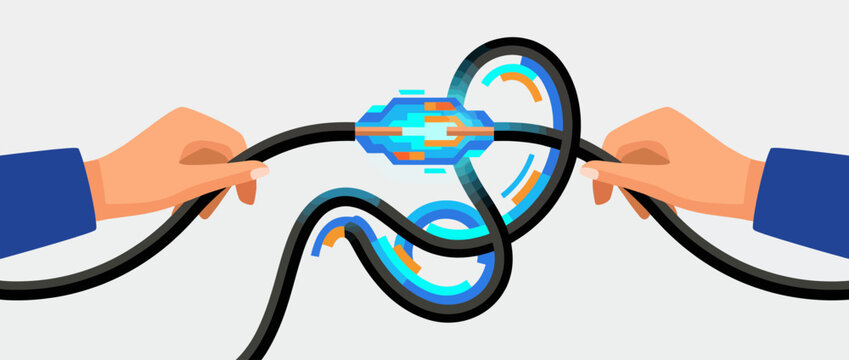 The image shows hands untangling wires with a central glowing connection, symbolizing the merging of technology and human effort in an abstract representation of collaboration.