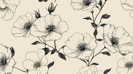 Naklejka premium Floral Elegance in Sketch: A detailed sketch presents a delicate arrangement of blooming roses and intricate leaves, creating a classic botanical illustration with graceful lines and subtle textures.