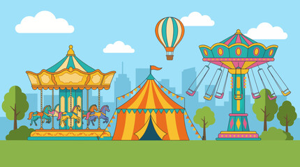 Fototapeta premium This colorful illustration captures the essence of a lively funfair, showcasing attractions like a carousel and carnival tent, perfectly embodying joy, excitement, and community fun.