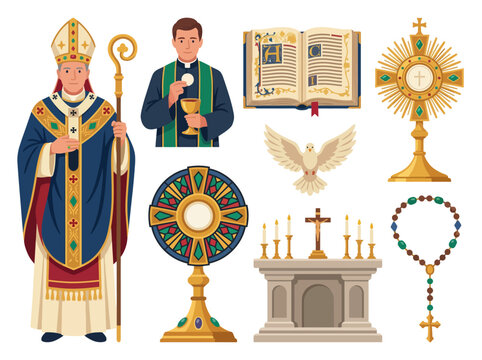 An array of significant religious symbols, including a priest and sacred objects, represents faith and spirituality in a vibrant visual display of devotion and belief.