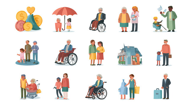 social policy icon set flat style illustration. contain rights advocacy, poverty reduction, accessibility standard, childcare subsidy, disaster relief, minimum wage, pension scheme, labor rights 