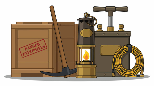 This illustration showcases mining equipment alongside crates labeled 'Danger Explosives', emphasizing safety and caution in logistics involving hazardous materials.