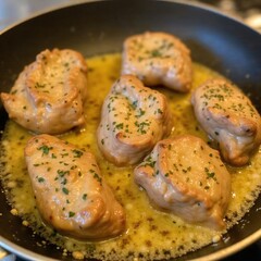 Fototapeta premium The image shows chicken breast in garlic sauce cooked in a pan