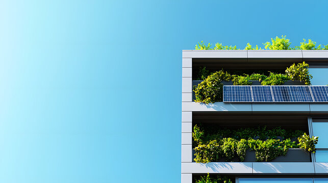 Modern eco-friendly house with integrated solar roof tiles and a lush vertical garden wall