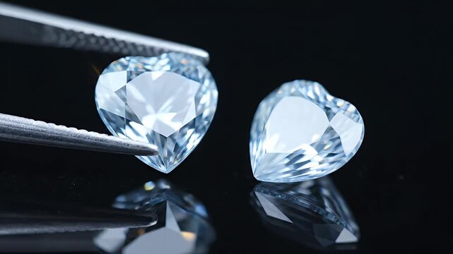 Heart Shaped Diamond Gemstone Held by Tweezers with Sparkle on Dark Background