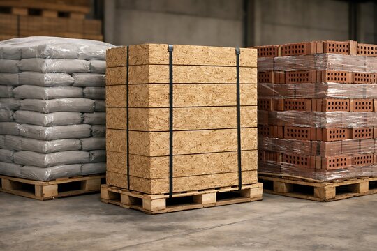Diverse Construction Materials Stacked on Wooden Pallets in a Warehouse