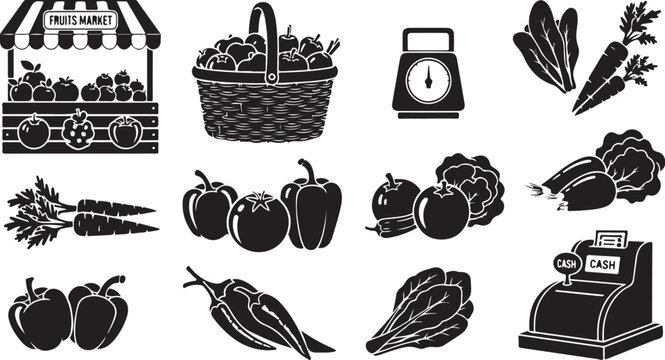 Vegetable icons, black and white, 13 pcs, vector set, food illustrations, market, grocery