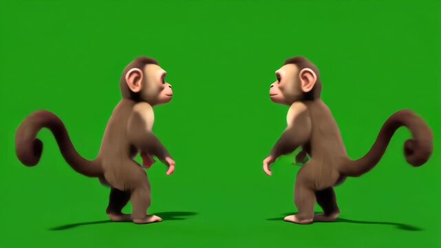 Two identical cute monkeys performing joyful spinning dance with tail swinging on green screen