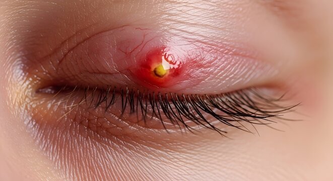 Close up of an infected eye with a stye on the eyelid. Ophthalmology and bacterial infection. Macro view of a human eye with a red swollen pimple and yellow pus