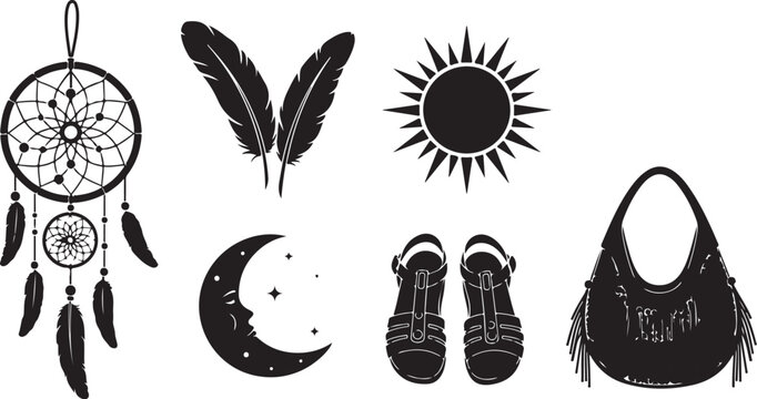 Boho Chic Icons, Dreamcatcher, Moon, Sun, Feather, Sandal, Purse Vector Set