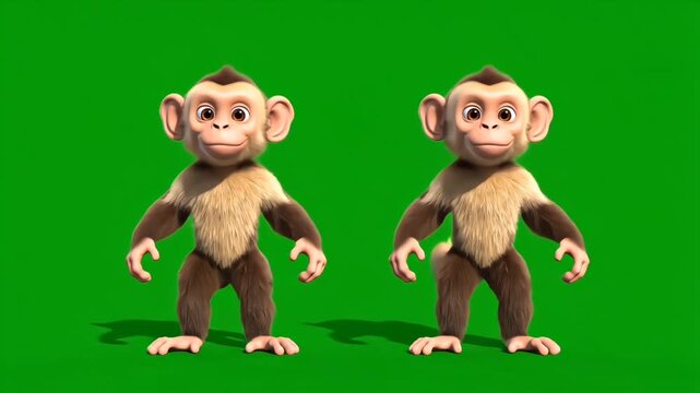 Joyful animated monkeys spinning and dancing in sync on pure green screen background