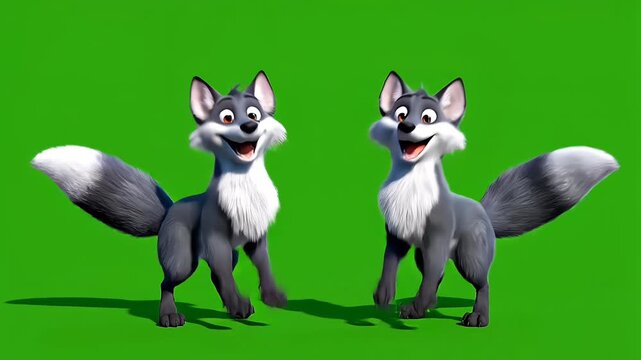 Happy animated grey foxes spinning and dancing in sync on pure green screen background