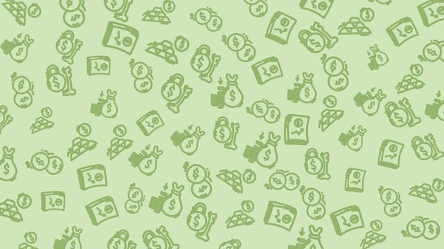Light green background with doodled money symbols. Bags, coins, and bills in hand-drawn style scatter everywhere. Each icon simple and playful, with soft outlines. Ideal for finance, budget