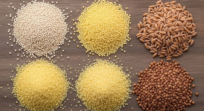 Assortment of Various Cereal Grains on a Wooden Surface.