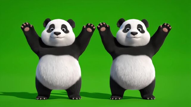 Cute cartoon pandas dancing in sync with spinning motion on green screen, featuring lively expressions and smooth looping animation