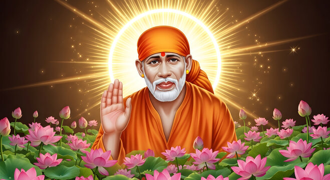 Divine digital illustration of Shirdi Sai Baba with a golden aura and pink lotus flowers