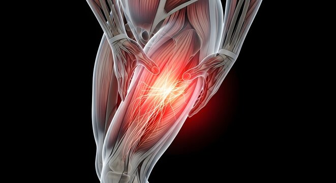 Muscular anatomy showing intense thigh and leg pain. Sciatica nerve damage and muscle strain recovery. Highlighted red glowing fibers on a human body during physical therapy