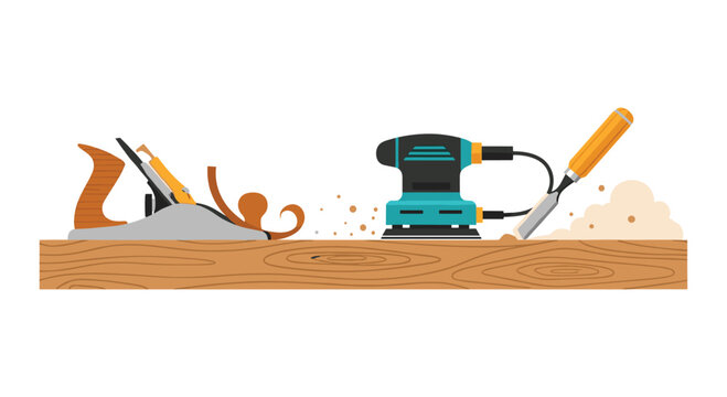 A meticulous arrangement of a hand plane, electric orbital sander, and sharp chisel sits ready for a carpentry project on a flat textured wooden surface.