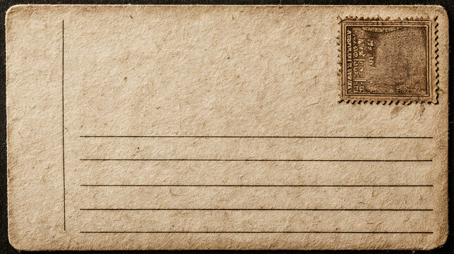 Vintage postcard isolated on white, blank aged paper card for message or design, antique beige stationery with address lines
