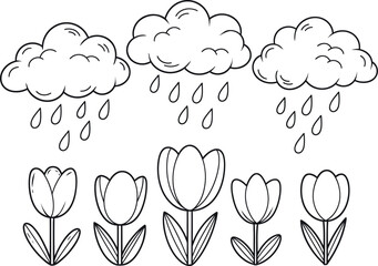 Obraz premium Sketch of tulips and clouds with rain