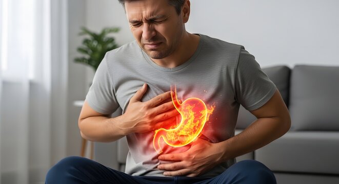 Man experiencing burning stomach acid reflux and indigestion. Gastritis and GERD health condition. Person clutching chest and abdomen with glowing digestive organ