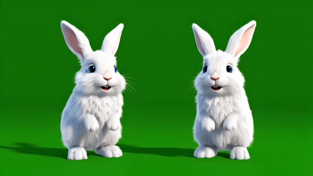 Cute cartoon rabbits dancing in sync with spinning and hopping motion on green screen, featuring lively expressions