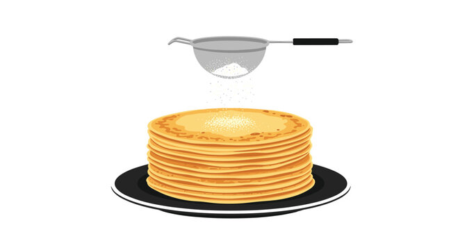 A meticulous stack of thin golden crepes rests on a dark circular plate while fine powdered sugar falls from a silver metal sifter held above them.