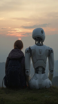 A person sits beside a humanoid robot on a grassy hill, both seen from behind against a soft sunset sky with warm clouds and distant haze.