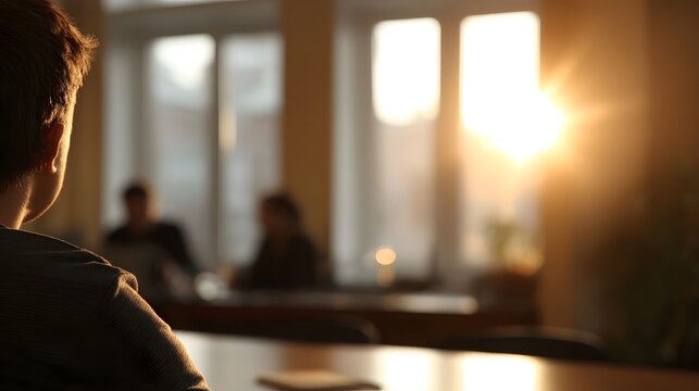 Person observed from behind in a bright sunlit room during a meeting