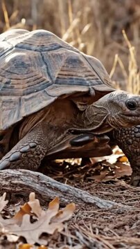 Close up of a majestic african spurred tortoise slowly navigating through dry autumn leaves and parched grass, its ancient shell visible in wildlife video.