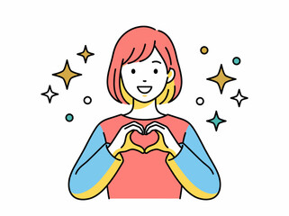 A joyful woman creates a heart shape with her hands, surrounded by sparkling elements, representing love, positivity, and emotional connection in a colorful illustration. © Shufen
