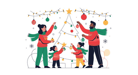 Fototapeta premium Happy Family Decorating Christmas Tree Together, Festive Holiday Season