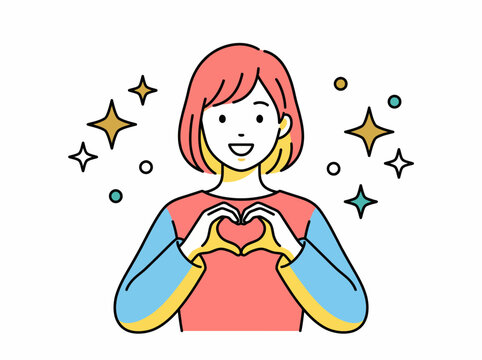 A joyful woman creates a heart shape with her hands, surrounded by sparkling elements, representing love, positivity, and emotional connection in a colorful illustration.