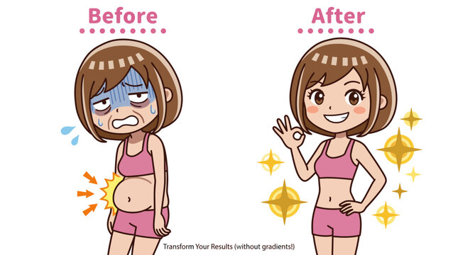 This image illustrates a weight loss journey before and after, emphasizing the transformation in physique and the positive mindset shift towards health and wellness.