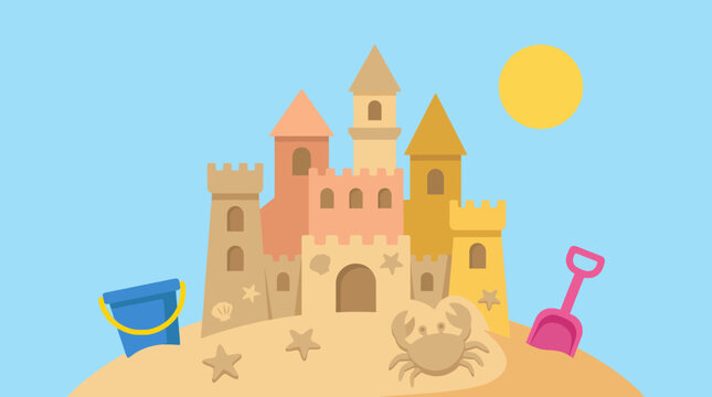 A whimsical sand castle by the beach, featuring towers, crabs, and beach tools, ideal for summer fun, children's play, and a joyful outdoor experience at the seaside.