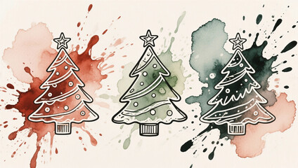 Set of three Christmas tree illustrations in line art style with watercolor splashes, perfect for holiday design, festive decoration and seasonal greeting cards.