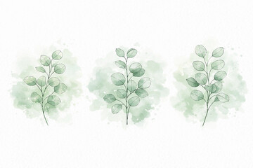 Minimalist watercolor illustration of eucalyptus branches with soft green tones, perfect for botanical design, wedding stationery and natural aesthetic backgrounds.
