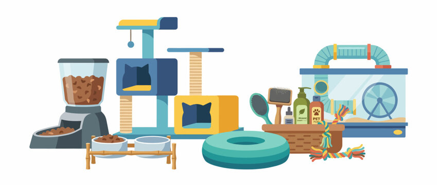 An illustration showcasing various pet care items, including a cat tree, food dispenser, and grooming products, highlighting the essentials for pet owners and their furry friends.