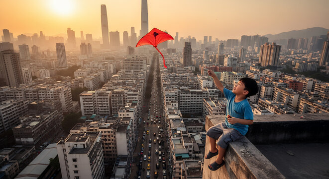 Young Boy Flies Red Kite Over Vast City Skyline at Golden Hour Sunset