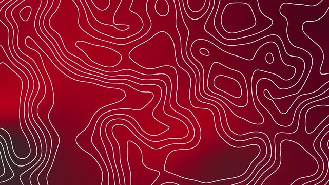 Red gradient background with white contour lines. Curved lines mimic topographic terrain. Design evokes depth and movement. Ideal for digital maps or abstract motion graphics. Visual style suits tech