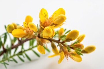 Obraz premium A close-up view of vibrant yellow flowers on a branch with green leaves.