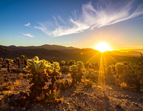 Desert landscape captures a brilliant sunset over rolling hills, with spiky cacti in the foreground and a vast, blue sky