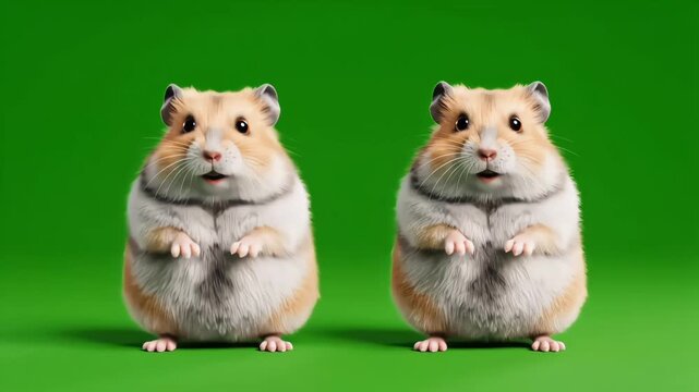 Two cute cartoon hamsters dancing and spinning energetically on green screen, featuring bouncy synchronized motion and cheerful expressions for animation compositing