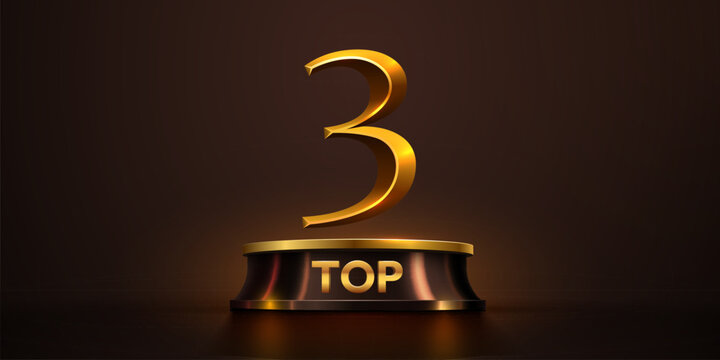 Golden number 3 on a dark podium with TOP text, representing success and leadership. Vector illustration.