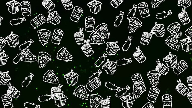 Food and drink pattern in hand drawn doodle style with on decorative vintage background